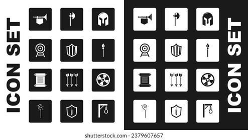 Set Medieval iron helmet, Shield, Target with arrow, Trumpet flag, spear, axe, Round wooden shield and Decree, parchment, scroll icon. Vector