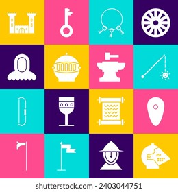 Set Medieval iron helmet, Shield, chained mace ball, Old keys, hood, Castle and Anvil for blacksmithing hammer icon. Vector