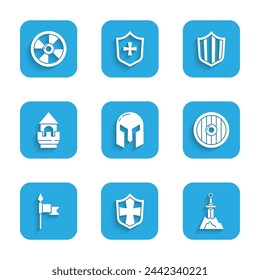 Set Medieval iron helmet, Shield, Sword in the stone, Round wooden shield, spear, Castle tower,  and  icon. Vector