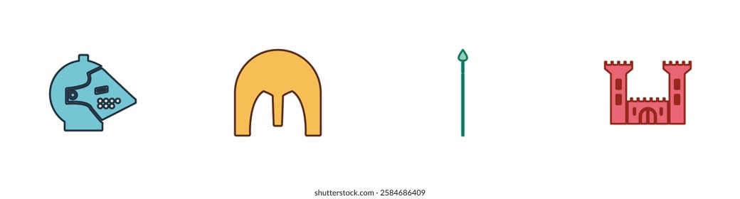 Set Medieval iron helmet, , spear and Castle icon. Vector