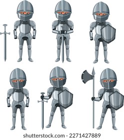 Set medieval knight cartoon character illustration