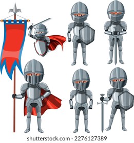 Set medieval knight cartoon character illustration