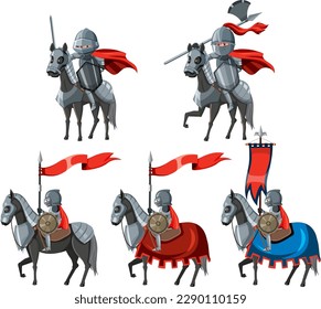 Set medieval knight cartoon character illustration
