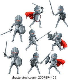 Set medieval knight cartoon character illustration