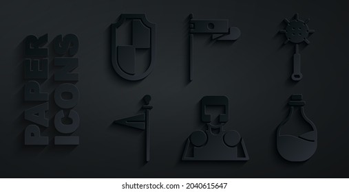 Set Medieval knight, chained mace ball, flag, Old bottle of wine,  and Shield icon. Vector