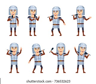 Set of medieval knight characters with microphone showing different actions. Cheerful knight singing. Flat style vector illustration