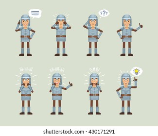 Set of medieval knight characters posing in different situations. Cheerful knight talking on phone, thinking, crying, laughing, surprised, pointing up. Flat style vector illustration