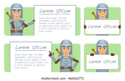 Set of medieval knight characters posing with different banners. Cheerful knight holding placard, paper, poster. Teach, advertise, promote. Flat style vector illustration