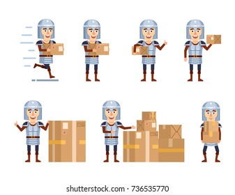 Set of medieval knight characters posing with parcel box in different situations. Cheerful knight holding package, running and showing other actions. Flat style vector illustration