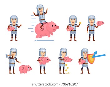 Set of medieval knight characters posing with piggy bank in different situations. Cheerful knight holding piggy bank, riding giant pig and showing other actions. Flat style vector illustration