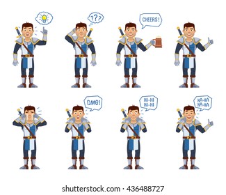 Set of medieval knight characters showing different actions. Cheerful knight pointing up, thinking, holding mug of beer, laughing, surprised, crying, showing thumb up gesture. Vector illustration
