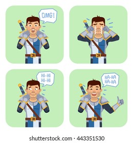 Set of medieval knight characters showing different emotions. Cheerful knight laughing, smiling, crying, surprised, showing thumb up gesture. Flat style vector illustration