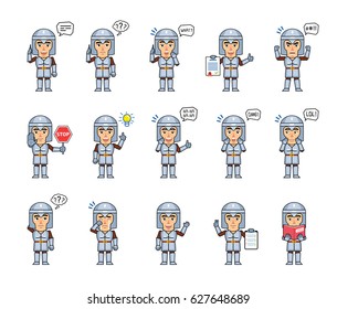 Set of medieval knight characters showing various actions, emotions. Funny knight talking on phone, thinking, angry, shocked, laughing, crying and doing other actions. Simple vector illustration