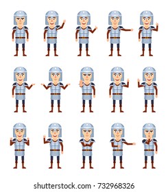 Set of medieval knight characters showing different hand gestures. Funny warrior pointing, greeting, showing thumb up and other gestures. Flat style vector illustration