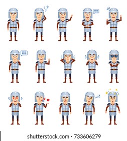 Set of medieval knight characters showing different emotions. Cheerful knight laughing, crying, angry, surprised, tired, dazed and showing other emotions. Flat style vector illustration