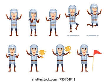 Set of medieval knight characters showing different success actions. Cheerful knight holding golden cup, jumping, celebrating and showing other actions. Flat style vector illustration