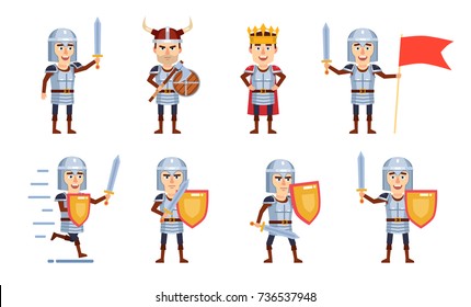 Set of medieval knight characters showing different battle actions. Cheerful knight holding flag, wearing crown and showing other actions. Flat style vector illustration