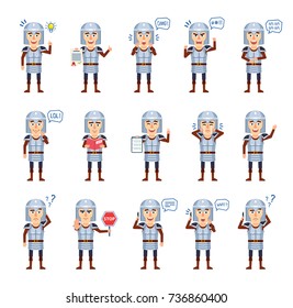 Set of medieval knight characters showing different actions. Cheerful knight talking on phone, reading book, angry, crying and showing other actions. Flat style vector illustration