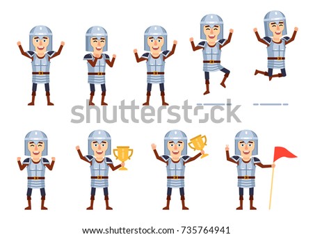 Set of medieval knight characters showing different success actions. Cheerful knight holding golden cup, jumping, celebrating and showing other actions. Flat style vector illustration