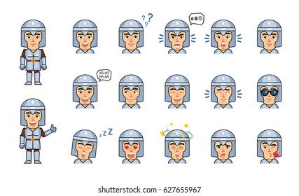 Set of medieval knight emoticons. Funny knight emojis showing various facial expressions. Happy, sad, cry, laugh, surprised, serious, dazed, in love and other emotions. Simple vector illustration