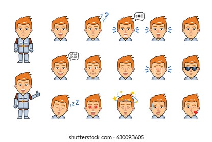 Set of medieval knight emoticons. Funny knight emojis showing various facial expressions. Happy, sad, cry, laugh, surprised, serious, dazed, in love and other emotions. Simple vector illustration