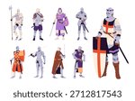 Set of medieval knights. Ancient warriors with armor, swords, and shields. Crusaders with weapons. Historical fighters, old soldiers with blades. Flat isolated vector illustrations on white background