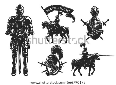 A set of medieval knights. Armor, mounted knights, emblems.
