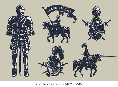 Set of medieval knights, mounted knights, plate armour, emblems.