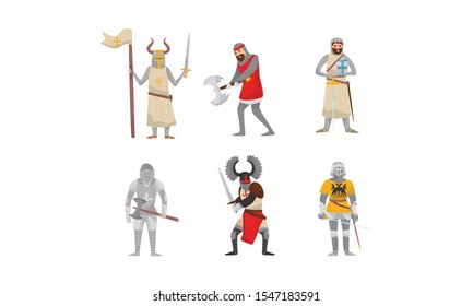 Set of medieval knights. Vector illustration on a white background.