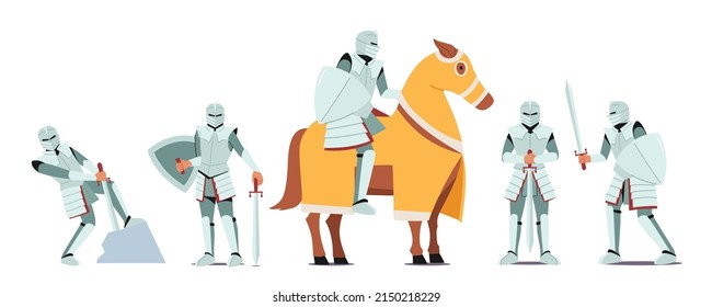Set of Medieval Knights Wear Armor and Sword. Ancient Soldier Pull Saber from Stone, Ride Horse, Fight, Historical or Fairy Tale Character Battle, Tournament or War. Cartoon People Vector Illustration