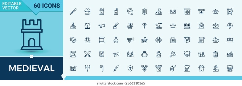 Set of Medieval line icons. Contains related to frame, geometric, cartoon, element, fun, wild, ui and more. Collection for mobile and web apps. Solid line editable vector illustration.