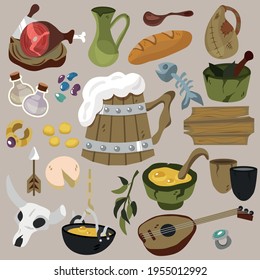 A set of medieval paraphernalia. Viking food. Interior items of the tavern. Antique coins and jewelry. Vector illustration for games, books, site. Clay dishes, skull, musical instrument, meat, beer.