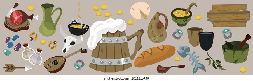 A set of medieval paraphernalia. Viking food. Interior items of the tavern. Antique coins and jewelry. Vector illustration for games, books, site. Clay dishes, skull, musical instrument, meat, beer.