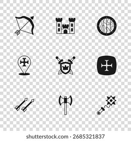 Conjunto de poleas medievales, cruzada, maza con púas, espadas de escudo, escudo de madera redondo, arco y flecha, castillo e icono. Vector