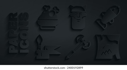 Juego de poleaxe medieval, pescado, lanza, mapa doblado, cabeza de vique e ícono de pavo o pollo asado. Vector