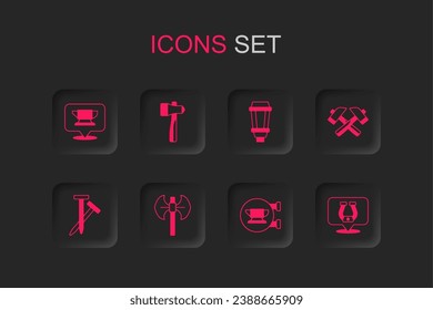 Conjunto de poleaxe medieval, martillo, herramienta de yunque herrero, martillo cruzado, herradura, lámpara de luz de jardín e icono de uñas metálicas. Vector