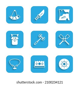 Set Medieval poleaxe, King crown, Shield viking, Oars or paddles boat, Necklace with gem, Viking head, Folded map and Hunting horn icon. Vector