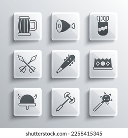 Set Medieval poleaxe, Mace with spikes, King crown, Viking horned helmet, arrows, Wooden beer mug and Quiver icon. Vector