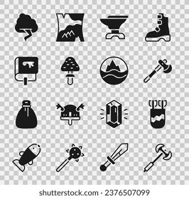 Set Medieval poleaxe, Quiver with arrows, Wooden, Anvil for blacksmithing, Mushroom, Viking book, Cloud and lightning and Sea waves icon. Vector