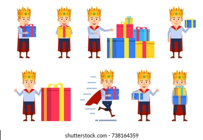 Set of medieval prince characters posing with present in different situations. Young king holding gift box, running and showing other actions. Flat style vector illustration