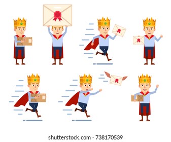 Set of medieval prince characters posing with letter and parcel box in different situations. Flat style vector illustration