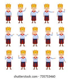 Set of medieval prince characters showing different hand gestures. Cheerful young king pointing, greeting, showing thumb up and other gestures. Flat style vector illustration