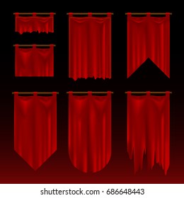 Set of medieval red and torn folded banners. Realistic game style.