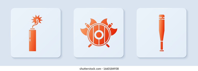 Set Medieval shield with crossed axes, Dynamite bomb stick clock and Baseball bat. White square button. Vector