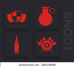 Ajuste el escudo medieval con los ejes cruzados, Escudo, granada de mano e icono de bala. Vector