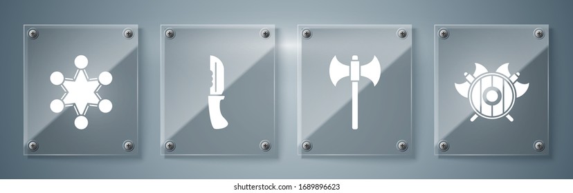 Conjunto de escudo medieval con hachas cruzadas, hacha medieval, cuchillo militar y placa de la policía. Paneles de vidrio cuadrado. Vector