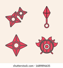 Set Medieval shield with crossed axes, Japanese ninja shuriken, Japanese ninja shuriken and Japanese ninja shuriken icon. Vector