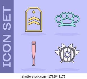 Das mittelalterliche Schild mit gekreuzten Achsen, Chevron, Baseballschläger und Messingknuckles Symbol. Vektorgrafik