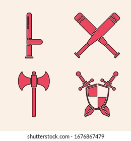 Juego de escudo medieval con espadas cruzadas, bastón de goma de la policía, bate de béisbol cruzado e ícono de hacha medieval. Vector