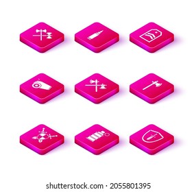 Set Medieval shield with crossed swords, Hand grenade, Cannon, Crossed medieval axes, Chevron and Bullet icon. Vector